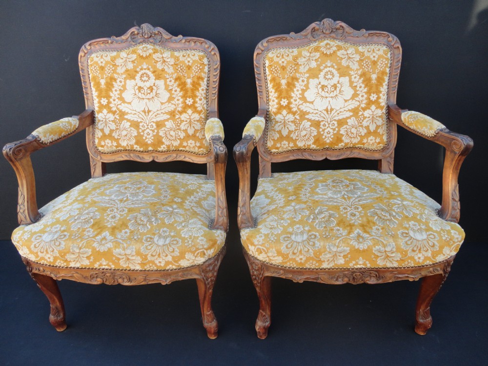 Pair Of French Carved Walnut Louis XV1 Style Armchairs 
