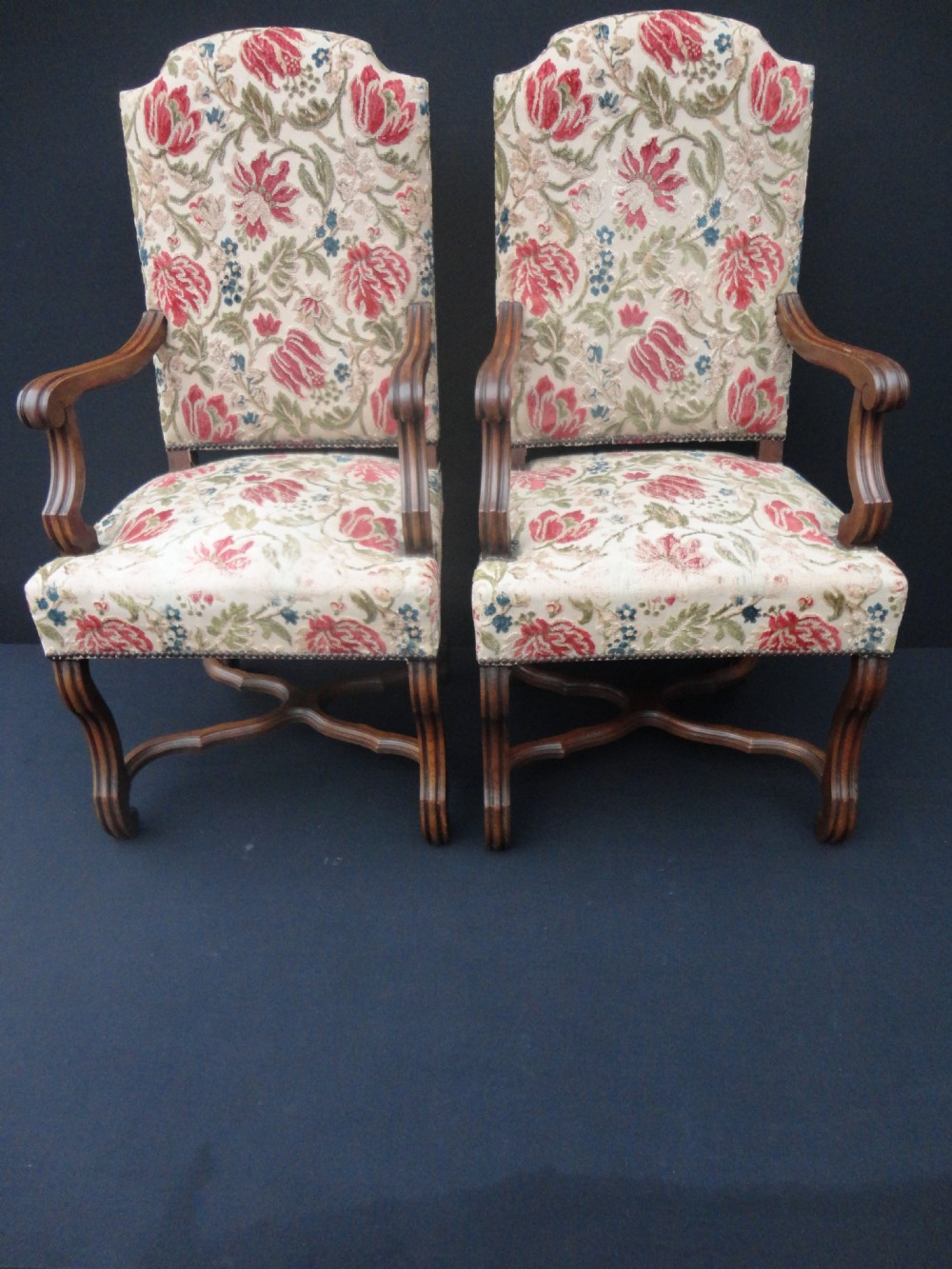 Pair Of French Carved Walnut Tapestry Armchairs