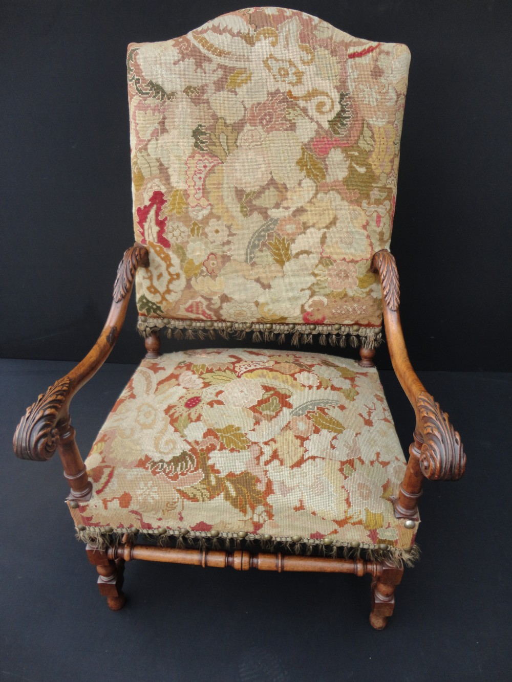 French Carved Walnut Tapestry Armchair