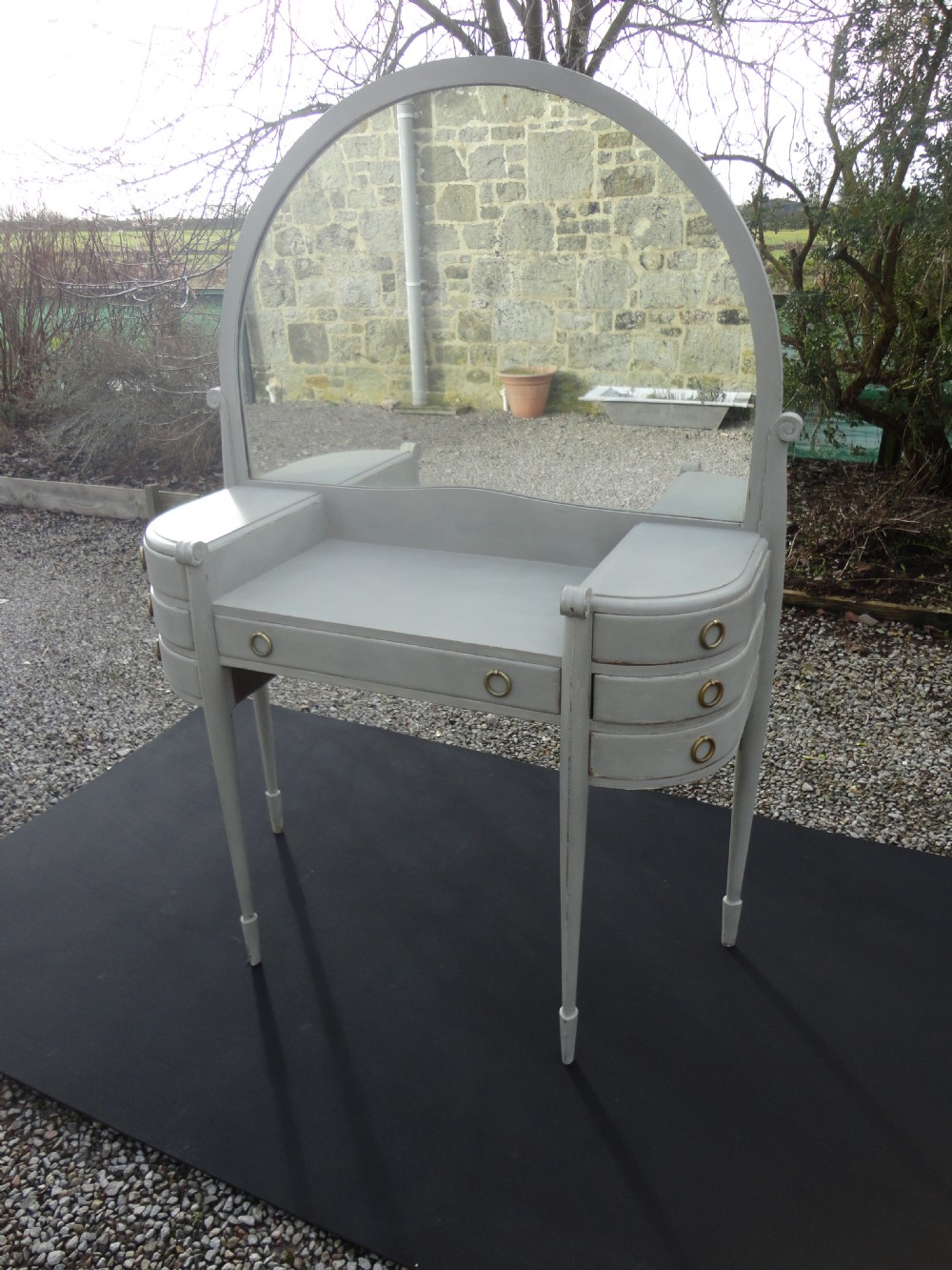 French Painted Dressing Table With Centre Drawer And Side Drawers with its Original Glass.