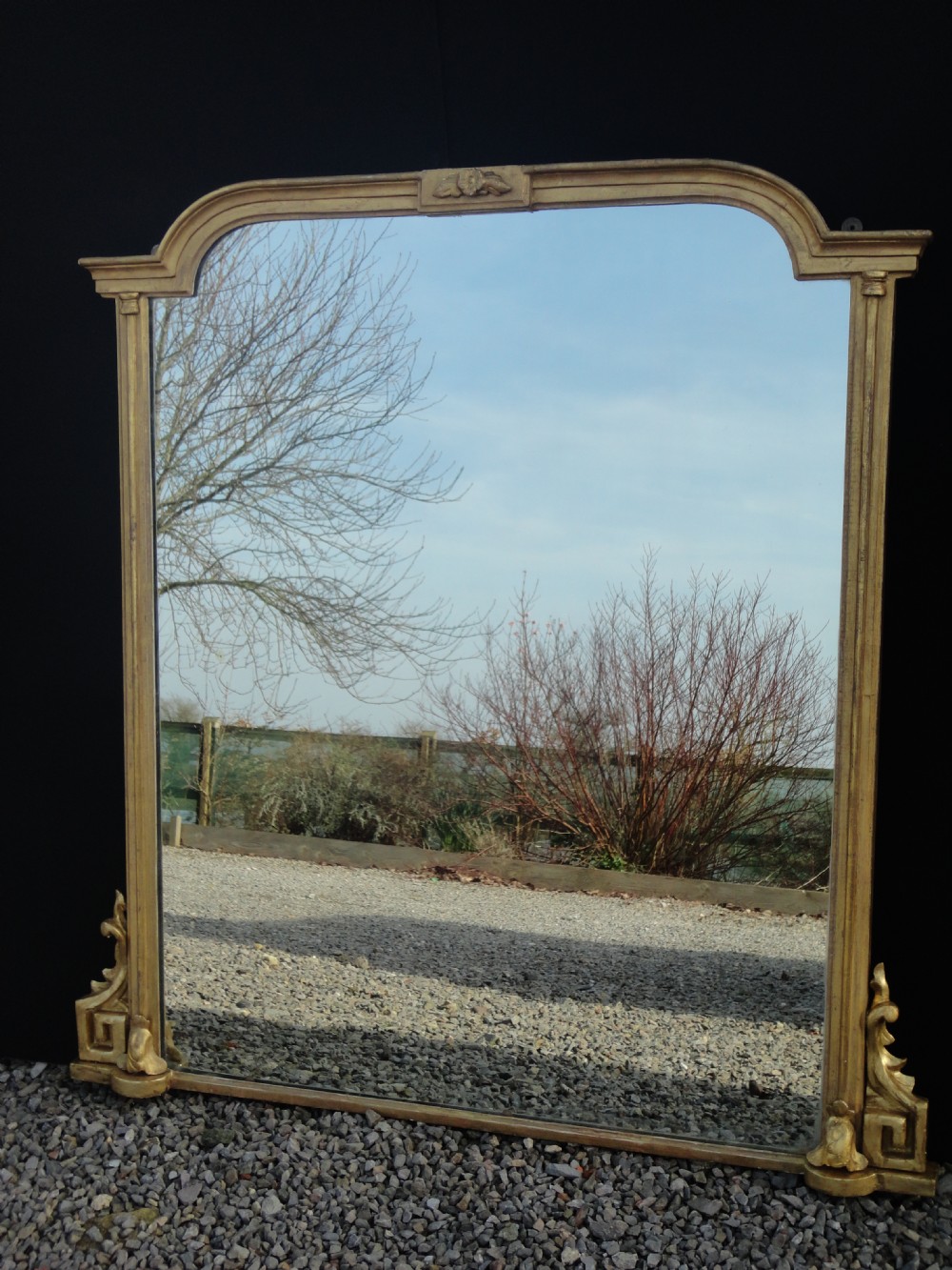 English Gilt Overmantle Mirror With Original Glass and Panelled Back