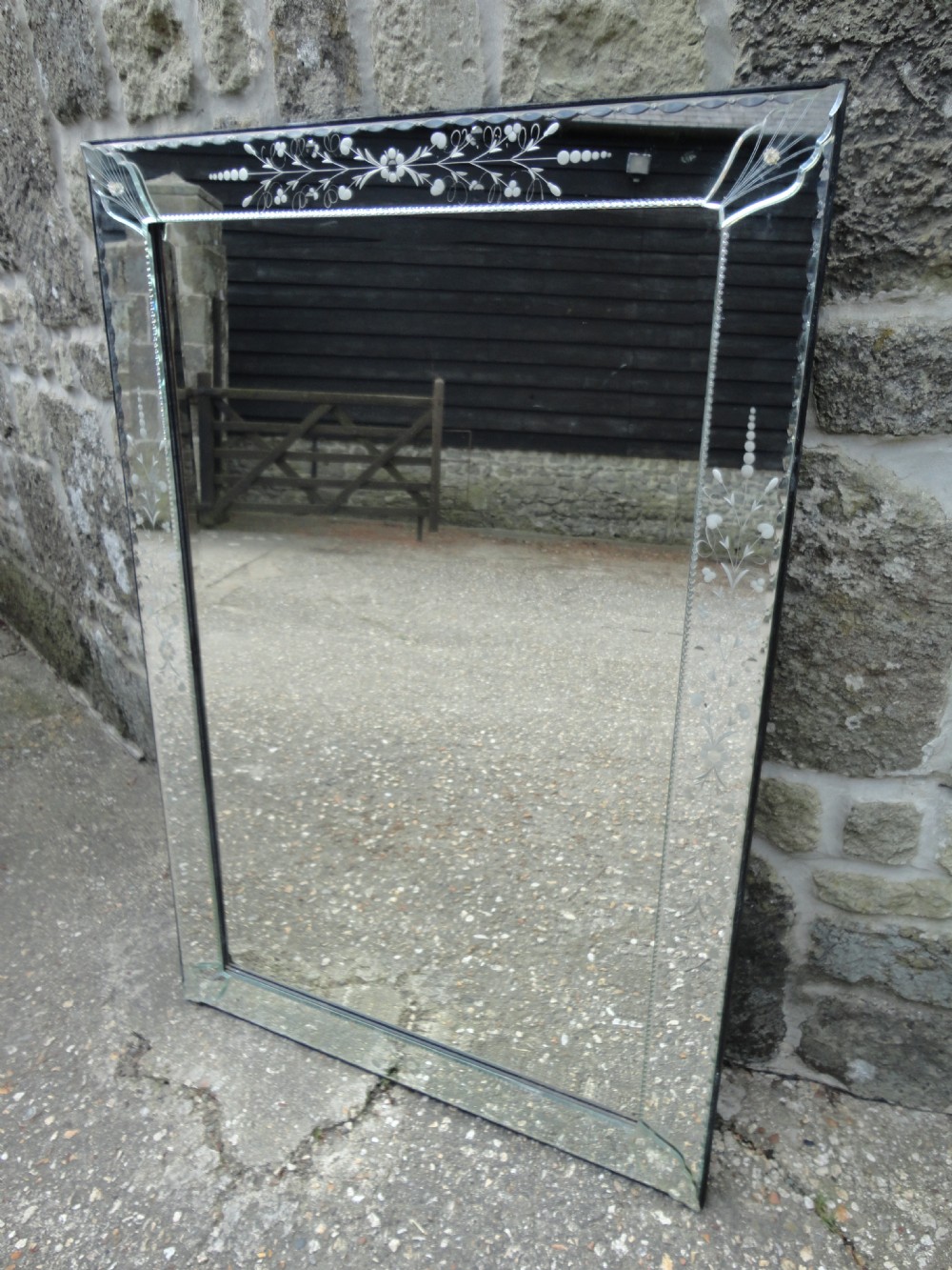 Italian Venetian Mirror With Flower and Leaf Etching.