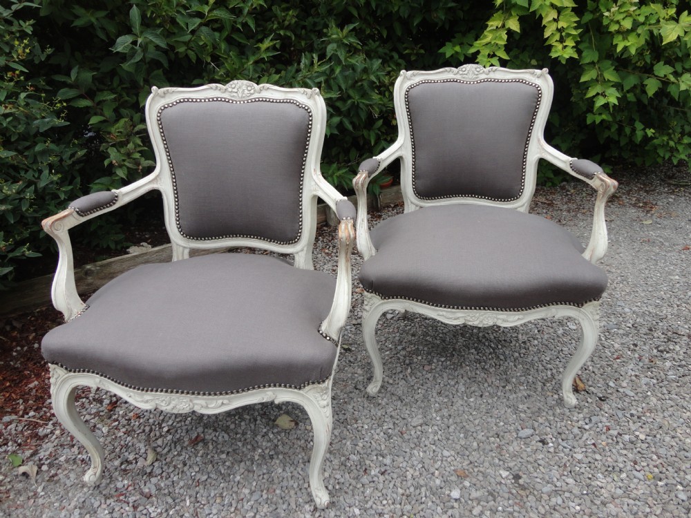 Pair Of French Painted Upholstered Armchairs.