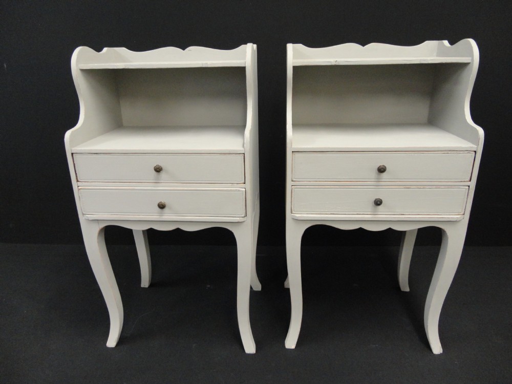 Pair Of French Painted Bedside Cabinets With Shelf And Two Drawers.