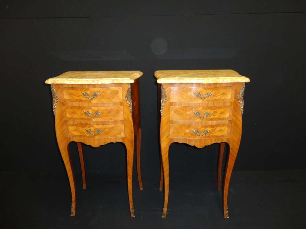 Pair Of French Walnut And Fruitwood Inlaid Bedside Cabinets.