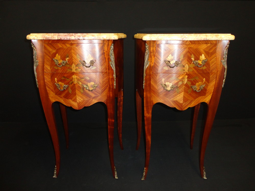 Pair Of French Walnut And Fruitwood Inlaid Bedside Cabinets