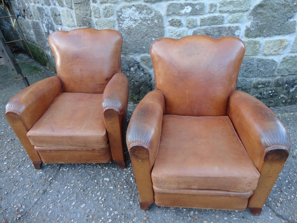 Pair Of French Art Deco Brown Leather Club Armchairs