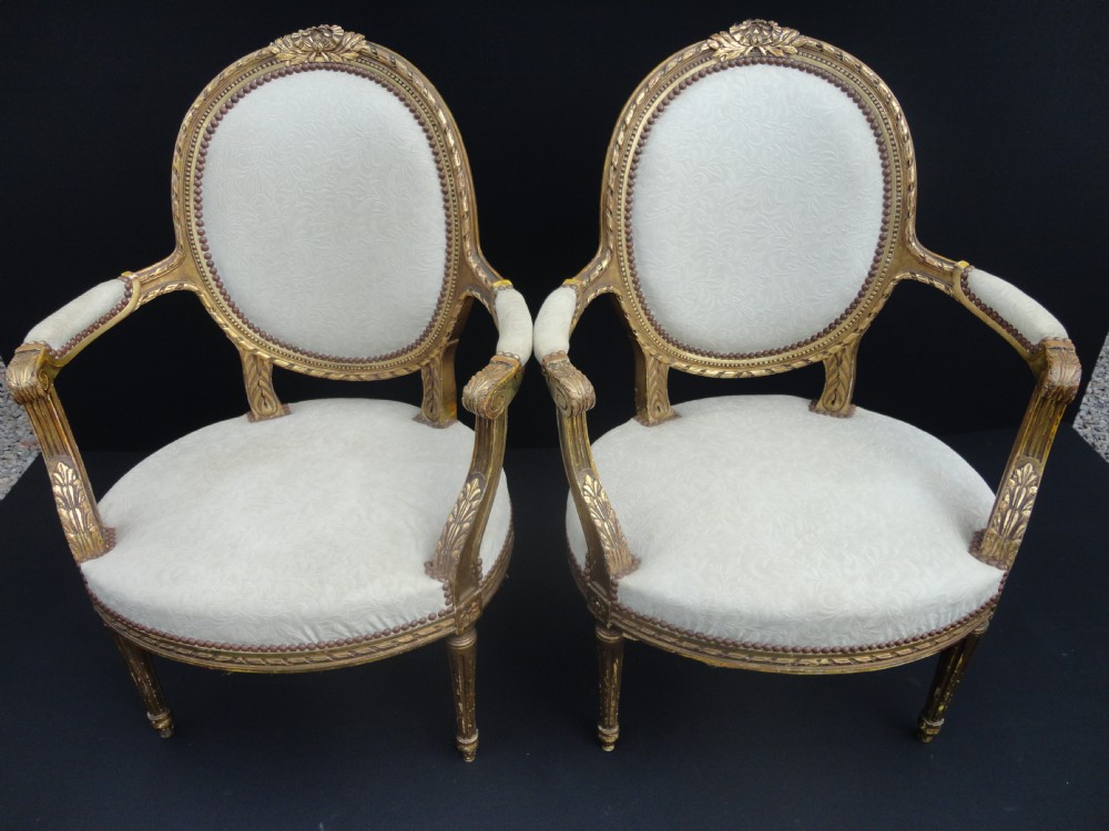 Pair Of French Gilt Louis XV1 Style Salon Armchairs