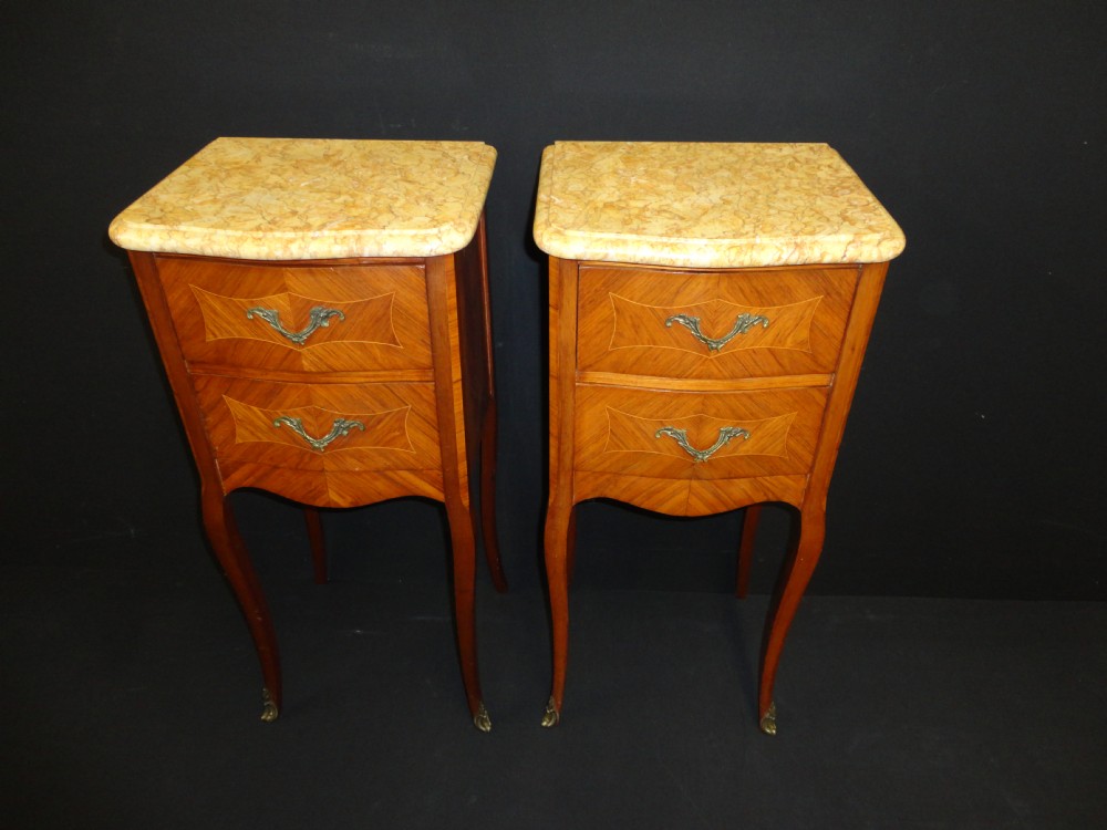 Pair Of French Walnut Cabinets With Marble Tops.