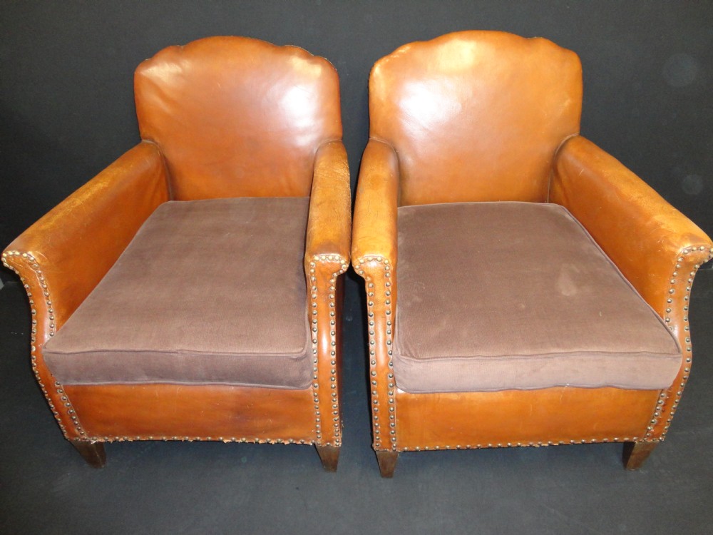 Pair of French Leather Club Armchairs