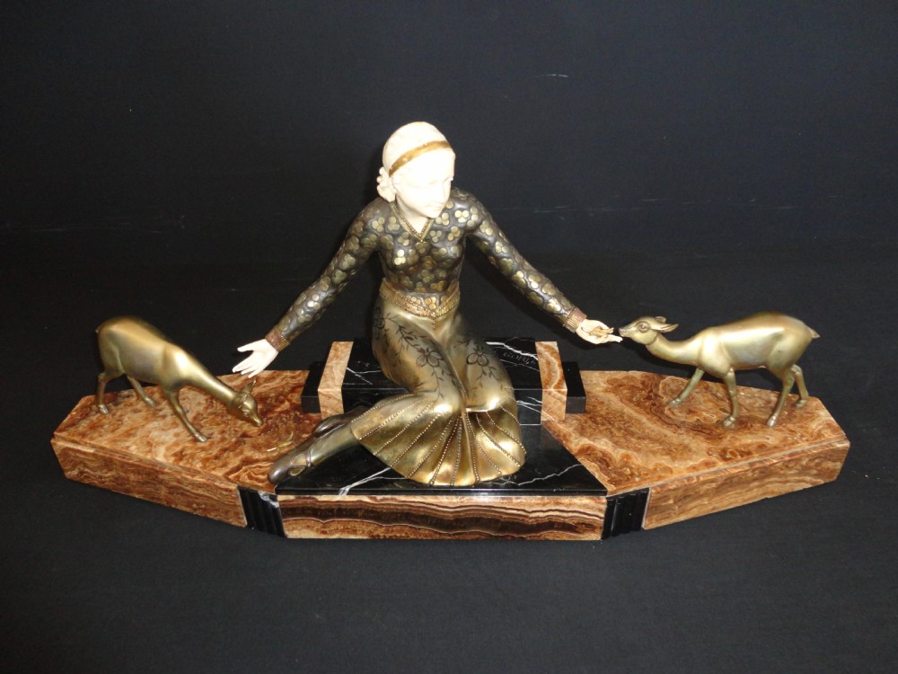 French Art Deco Spelter And Ivorine Female Sculpture.