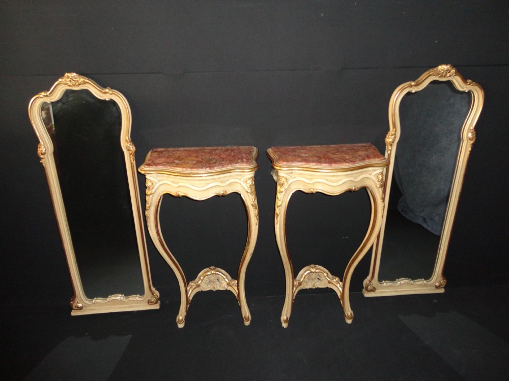 Pair Of French Painted And Parcel Gilt Console Tables With Matching Mirrors.