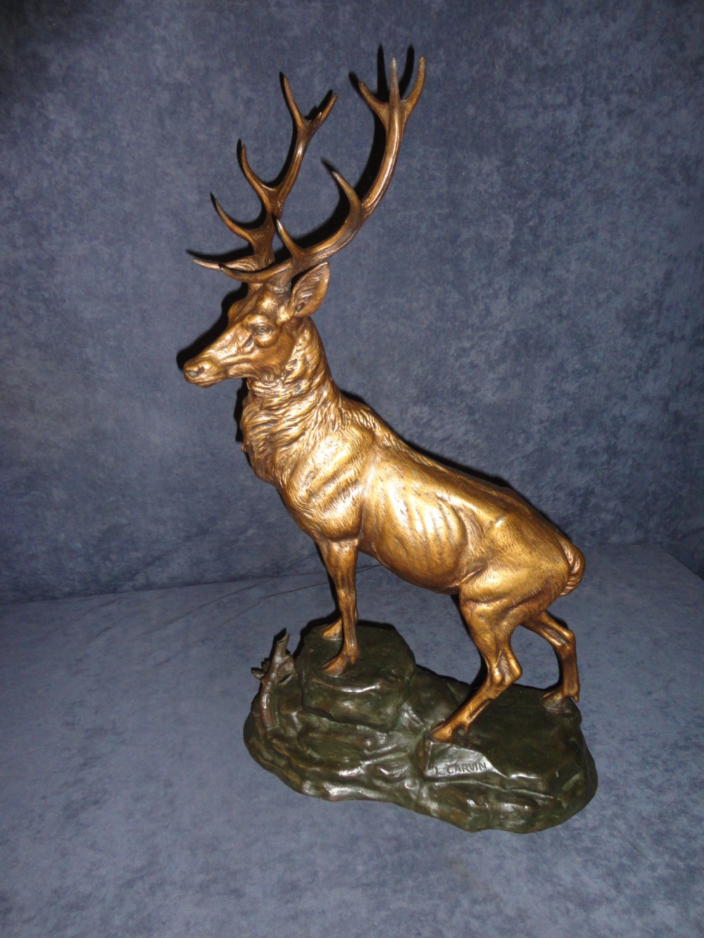 French Sculpture Of A Spelter Stag Signed In The Base L.CARVIN