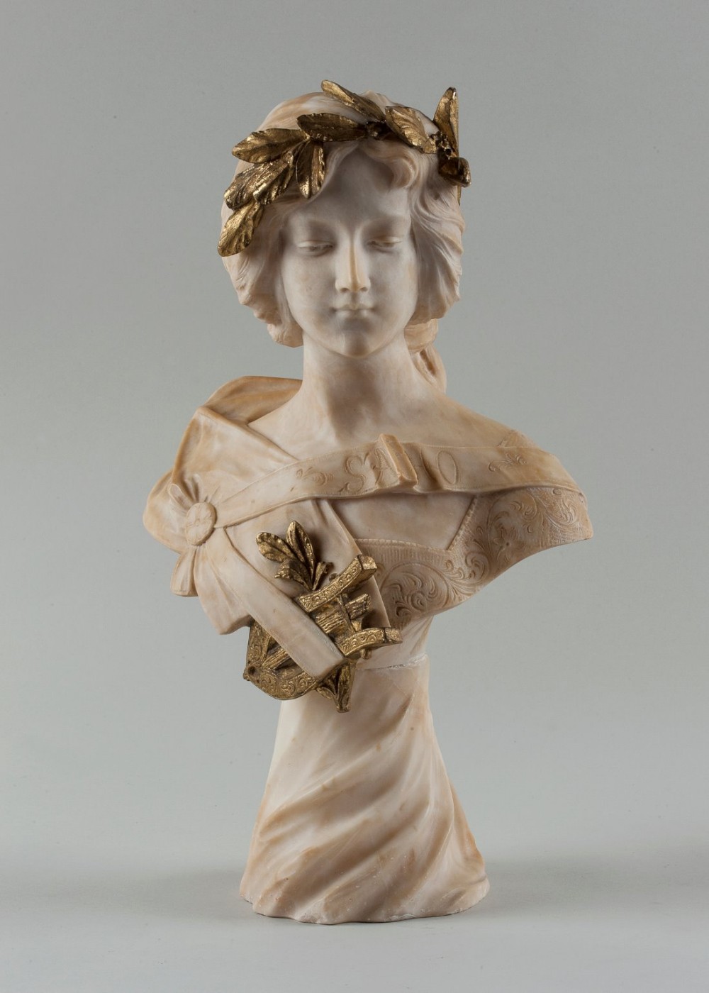French carved alabaster sculpture of a bust of Sappho