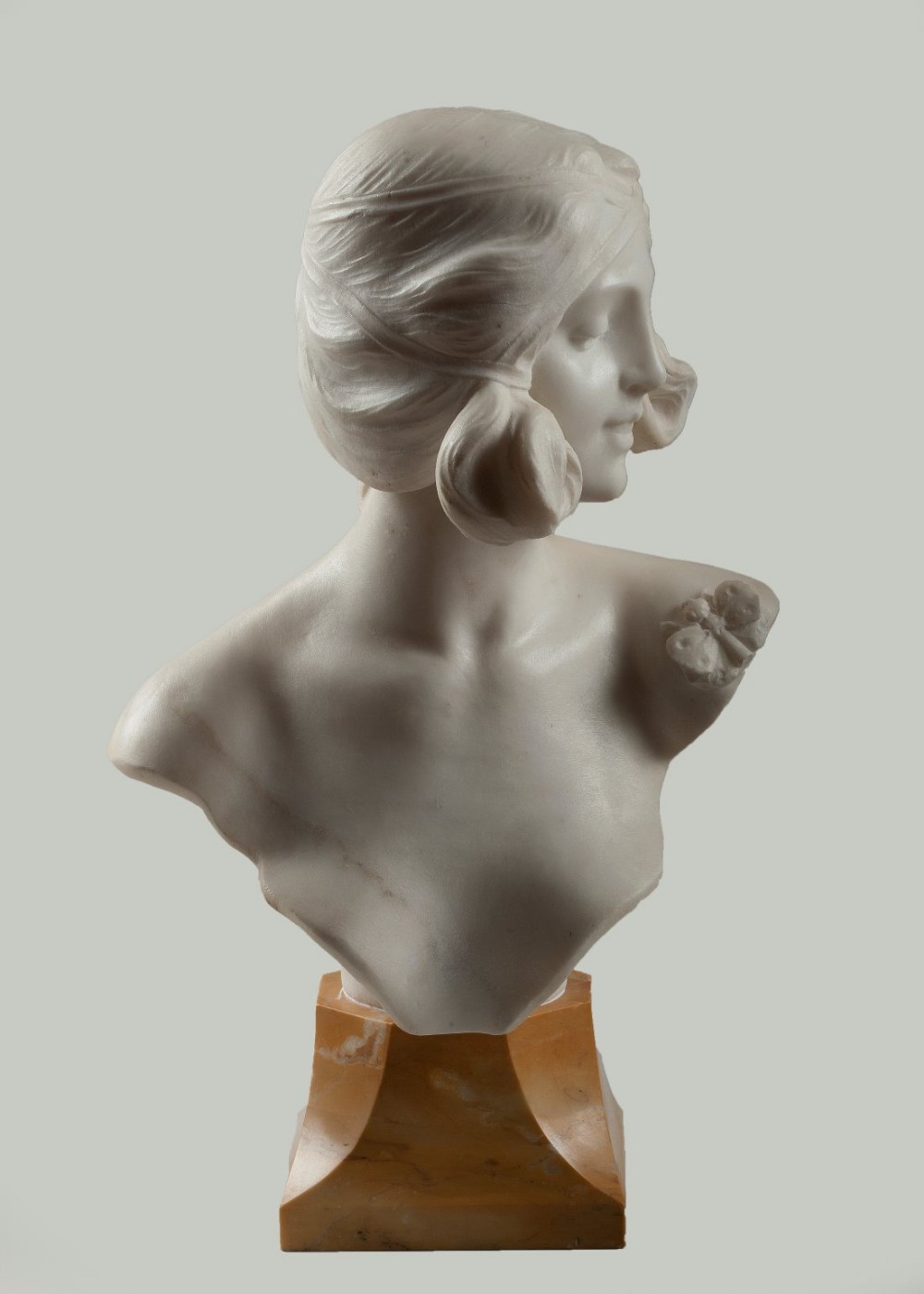 Italian white Carrera marble female sculpture set on a sienna marble base