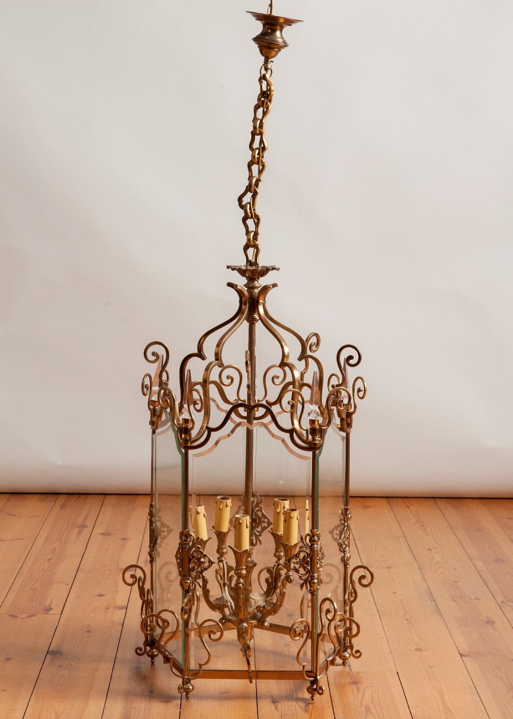 Large French five light brass and glass hanging lantern