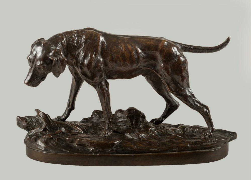 19th century French bronze sculpture of a dog by the French artist E.Drouot