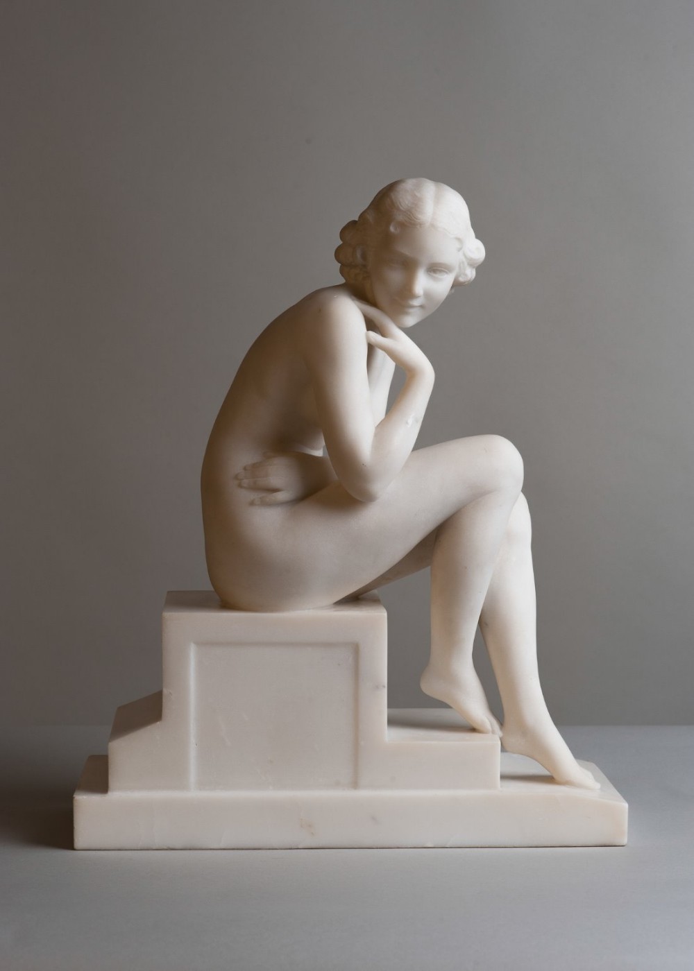 Stunning Italian Art Deco carved carrara marble sculpture of a seated female, signed L.Morelli
