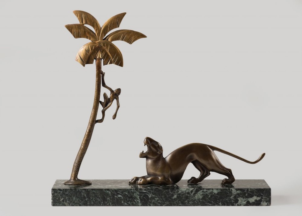 French Art Deco bronze sculpture set on a Verde Genova marble base.