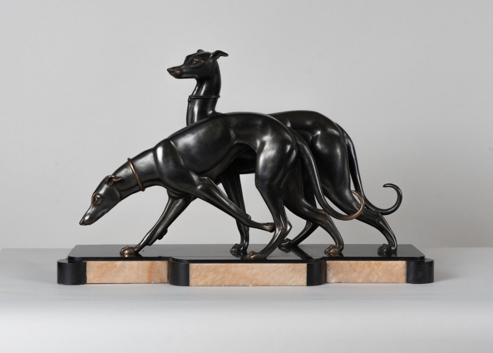 Fabulous French Art Deco spelter sculpture of two greyhounds