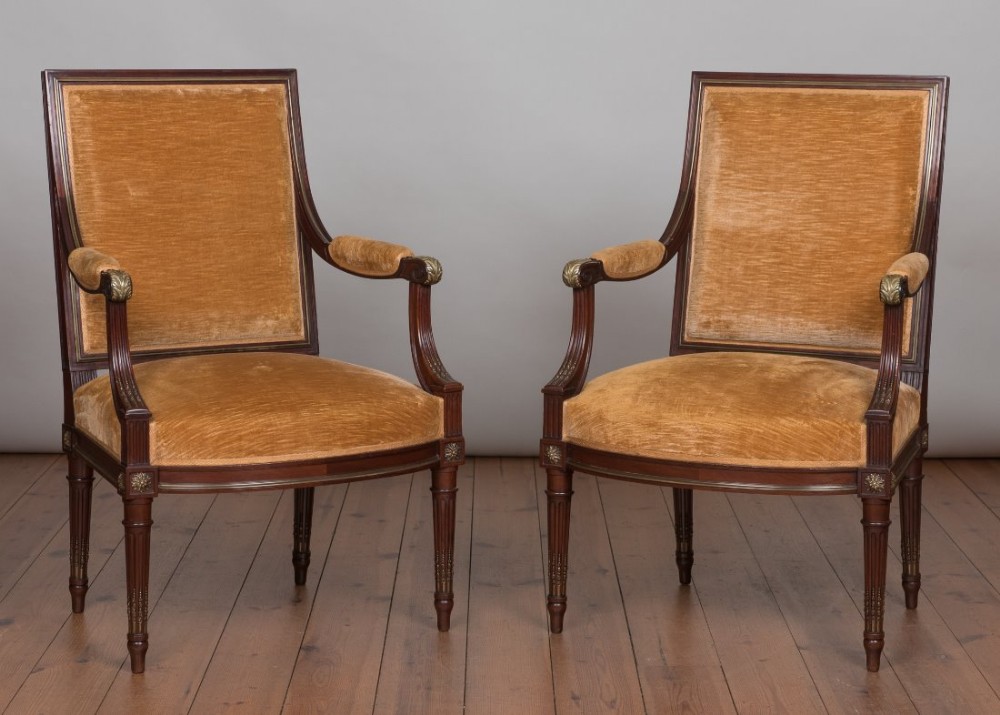 Pair of Late 19th Century French mahogany and Ormolu upholstered Armchairs