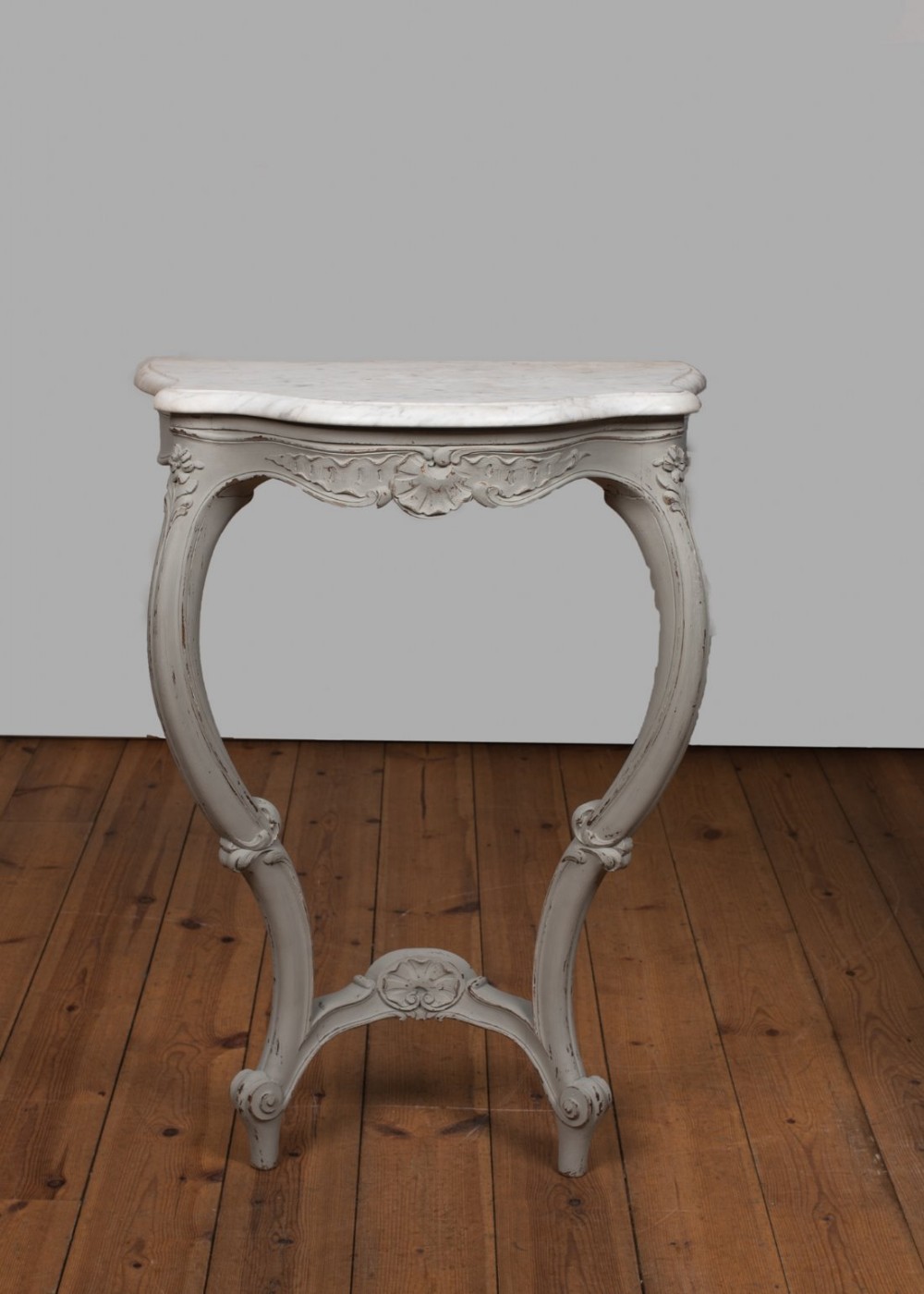 French painted carved wood console table with marble top