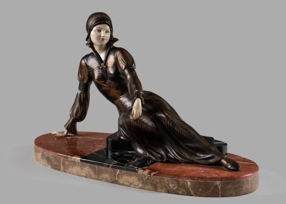French Art Deco Spelter And Ivorine Sculpture Set On Marble Base. Signed CIPRIANI