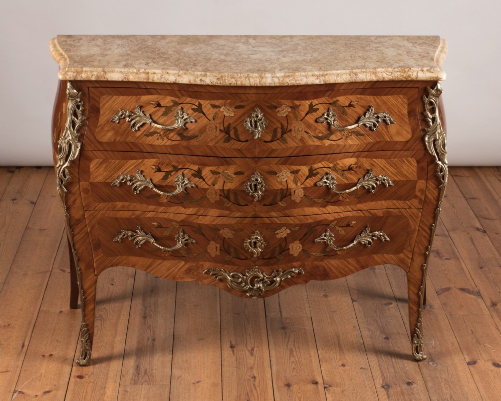 French Louis XV Style Three Drawer Marquetry Chest Of Drawers With Sienna Marble Top.
