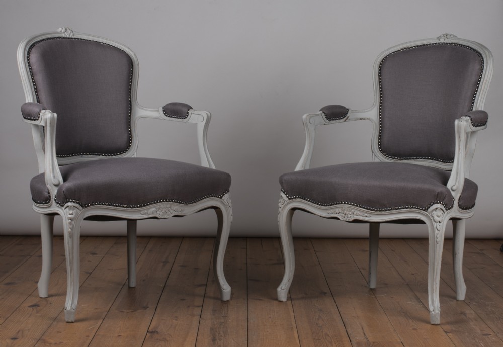 Pair Of French Louis XV Style Painted Upholstered Fauteuil Armchairs.