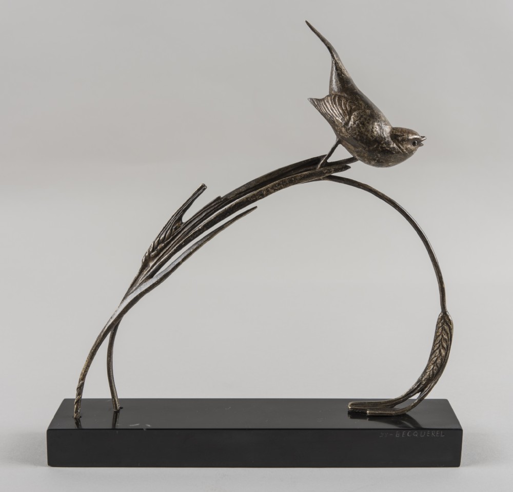 French Art Deco Bronze Sculpture Of A Bird Set On A Marble Base. Signed BECQUEREL