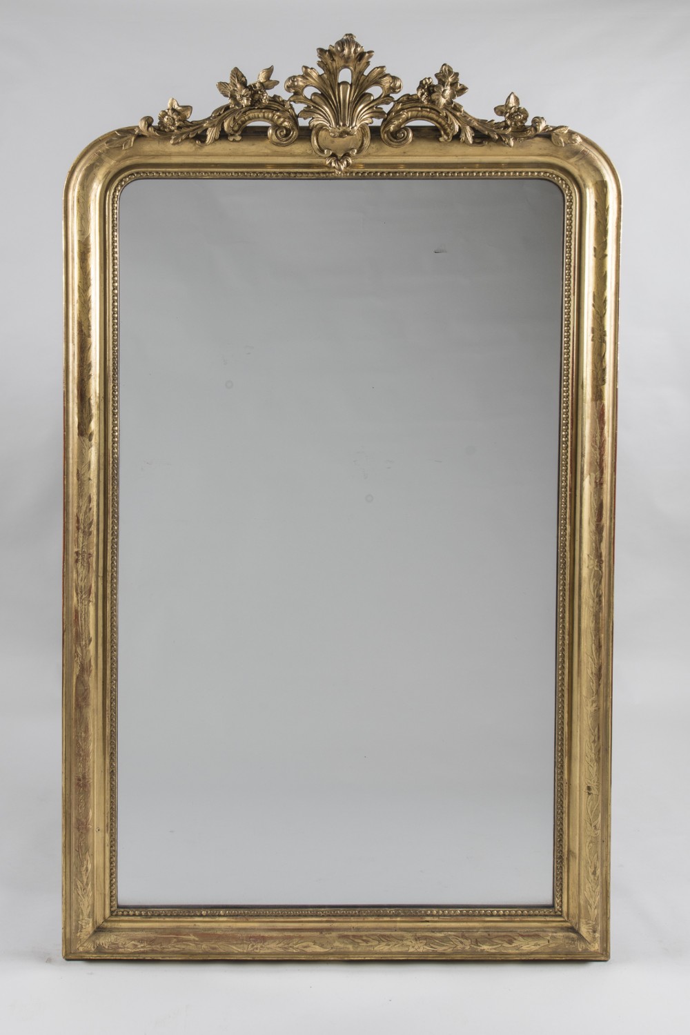 Large French Gilt Large Overmantle Mirror With Decorative Cresting