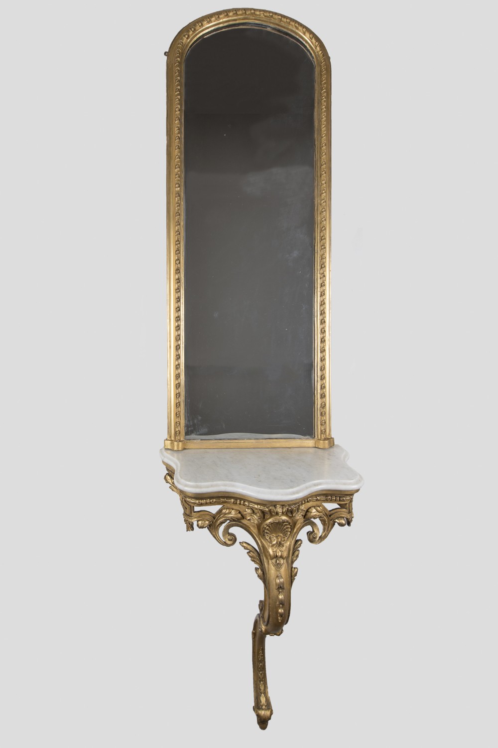 Large 19th Century French Gilt Console Table With Gilt Mirror And Carrera Marble Top.