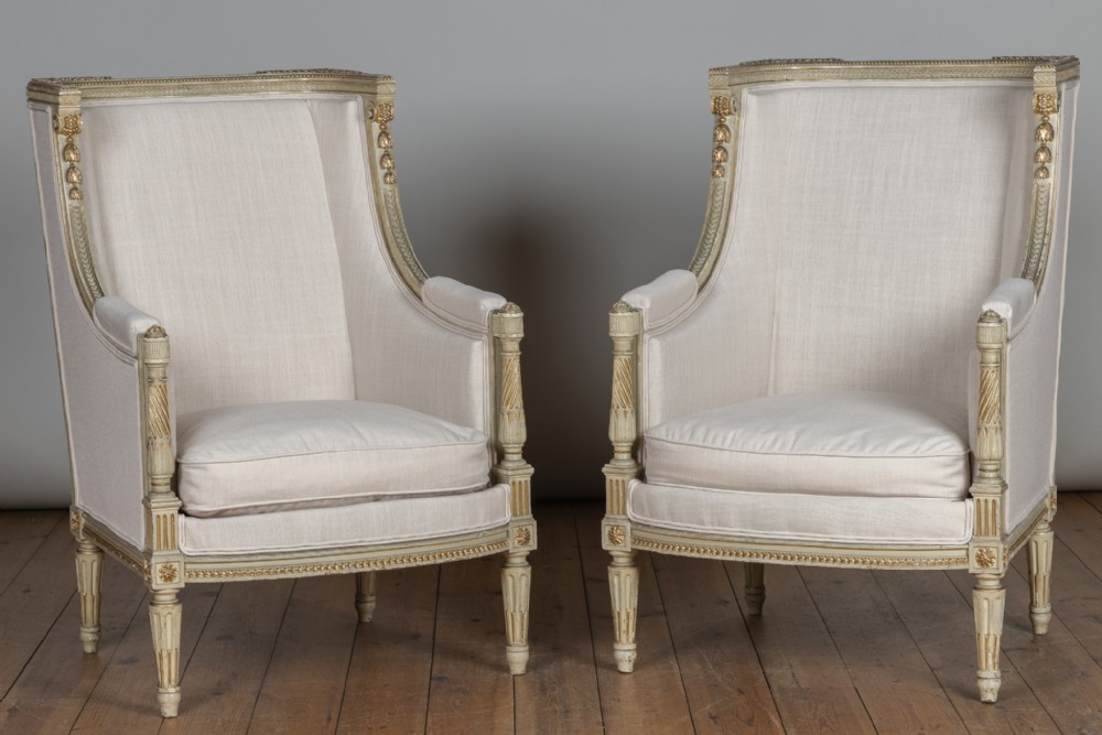 Pair Of 19th Century Large French Painted And Gilt Bergere Armchairs