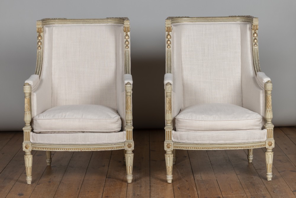 Pair Of Large 19th Century French Painted And Gilt Bergere Armchairs