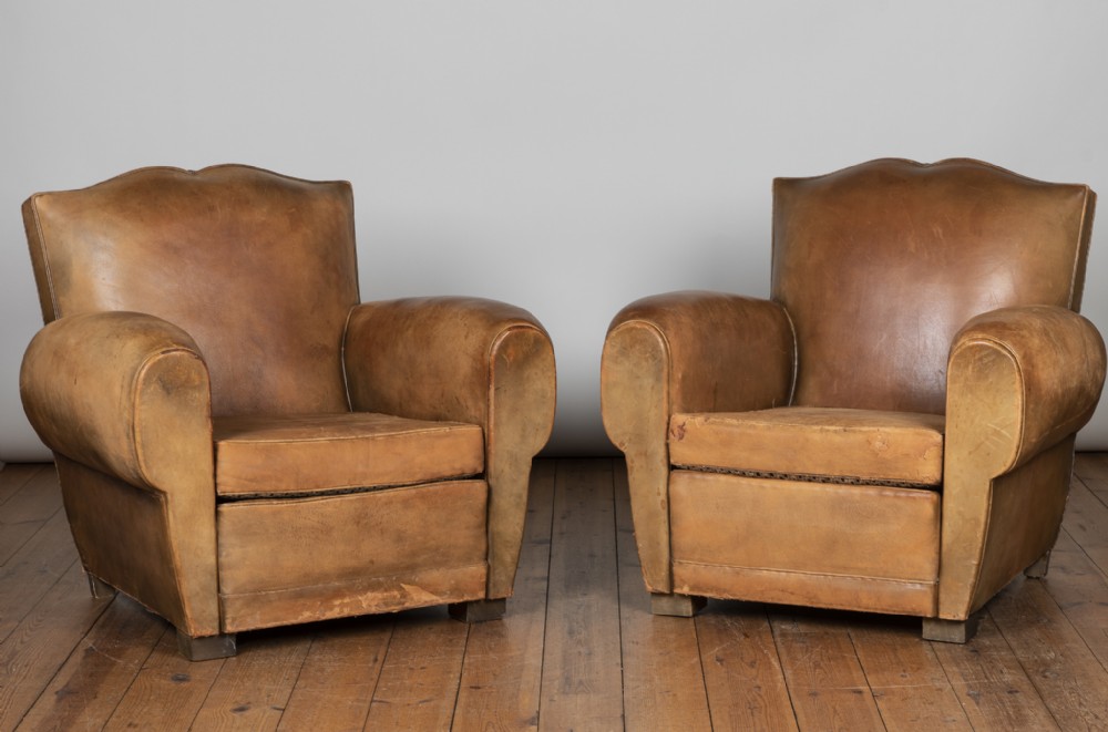 Pair Of Large French Art Deco Leather Club Armchairs