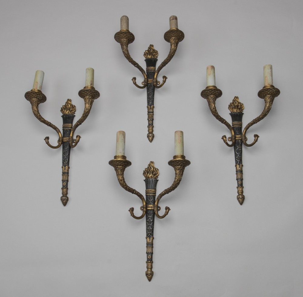 Set Of Four French Bronze Panther Head Wall Sconces