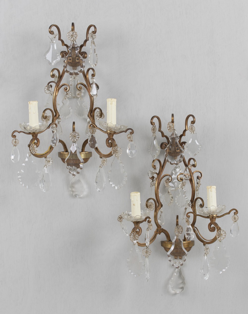 Pair Of Large French Glass And Brass Wall Sconces