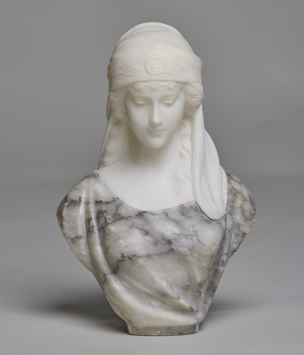 Italian Carved Two Toned Alabaster Sculpture Of A Female By The Artist Pugi
