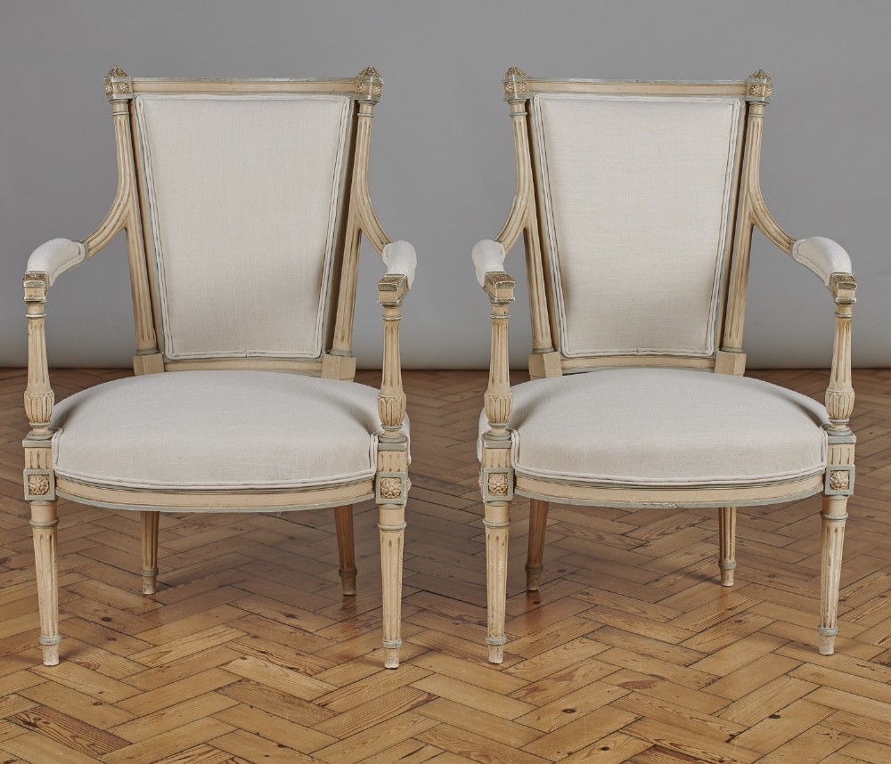 Pair Of French Louis XVI Style Painted Upholstered Armchairs.