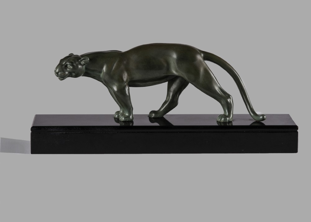 French Art Deco Bronze Sculpture Of A Panther Signed Ouline Set On A Marble Base