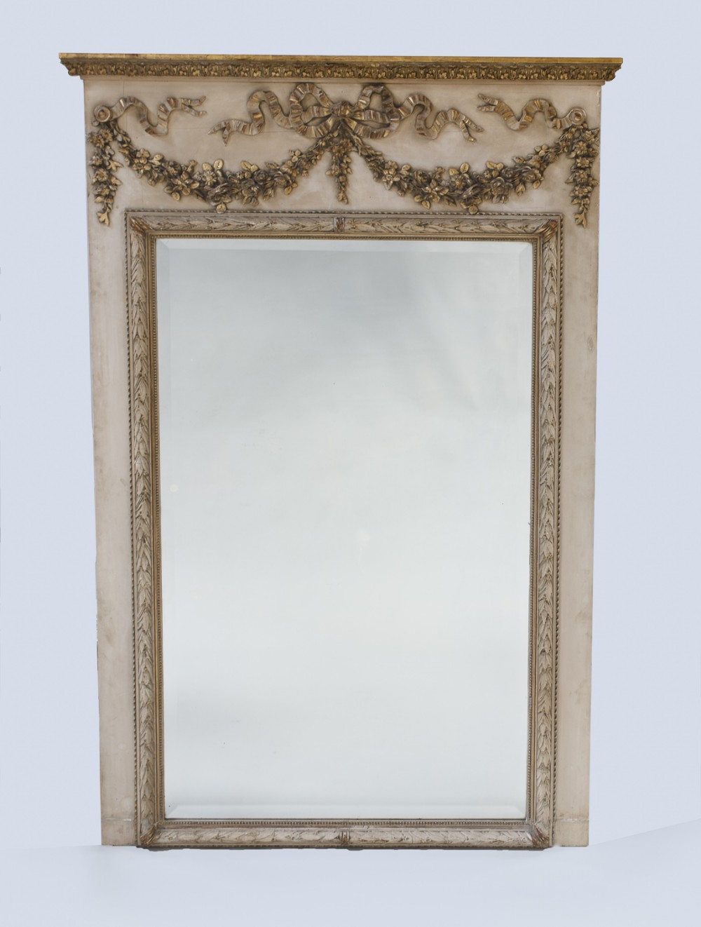 French Painted And Gilt Large Trumeau Overmantle Mirror.