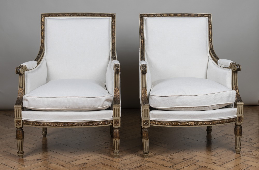 Pair Of 19th Century French Large Painted And Gilt Armchairs
