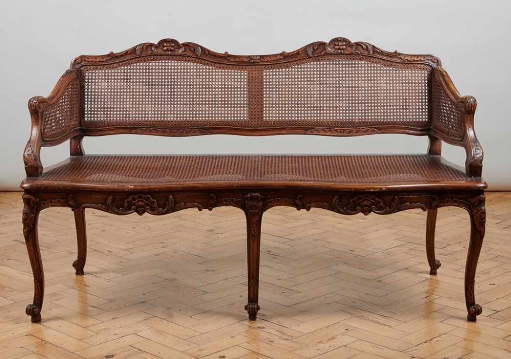 French Louis XV Style Two Seater Carved Walnut Caned Sofa
