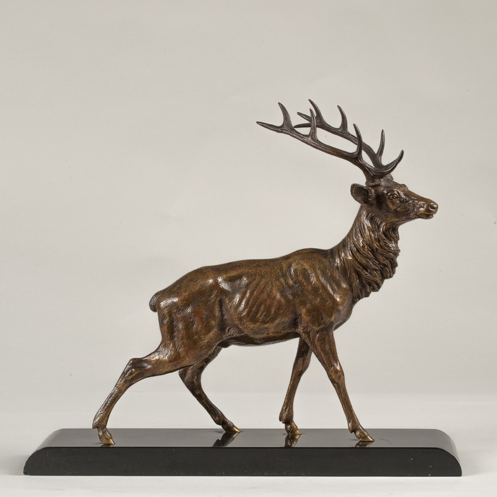 French Art Deco Bronze Sculpture Of A Stag Set On A Black Marble Base