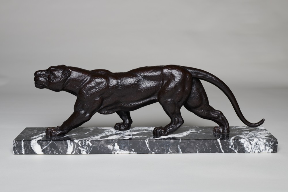  A Stunning French Art Deco Sculpture Of A Spelter Panther Set On A Marble Base Signed  D.H.Chiparus
