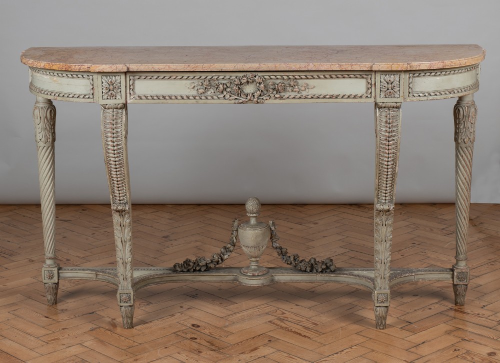 A Stunning 19th Century Large French Louis XV1 Style Painted Carved Wood Console Table With A Marble Top.