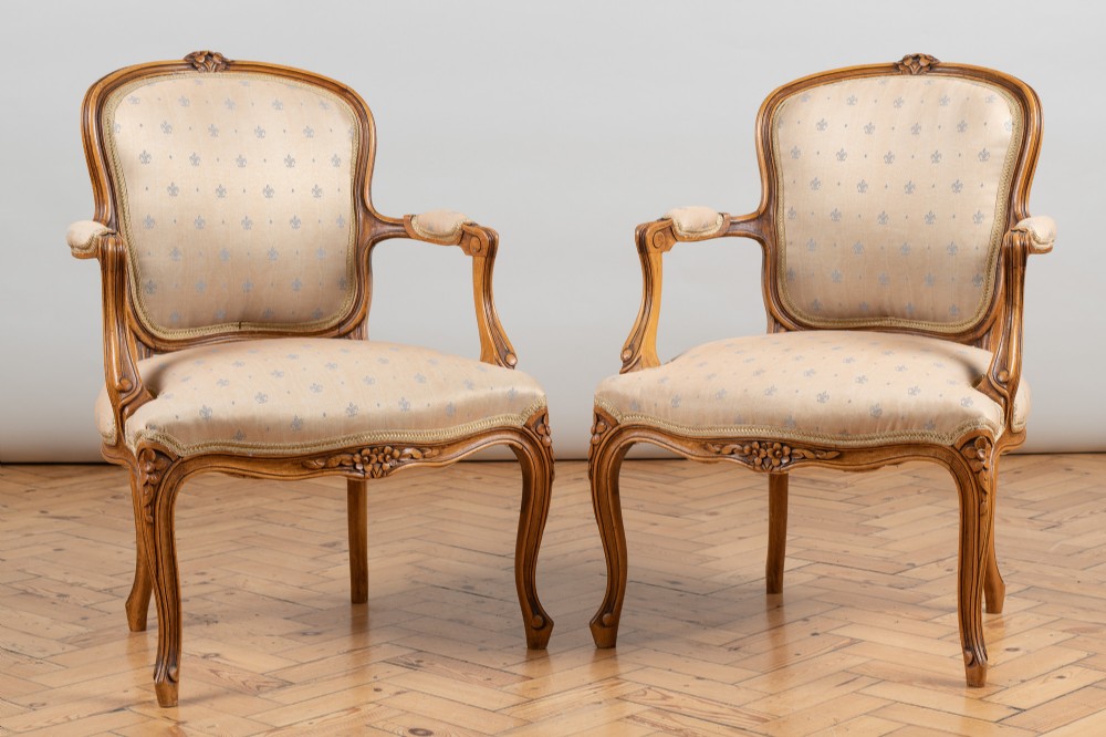 A Pair Of French Louis XV Style Walnut Armchairs