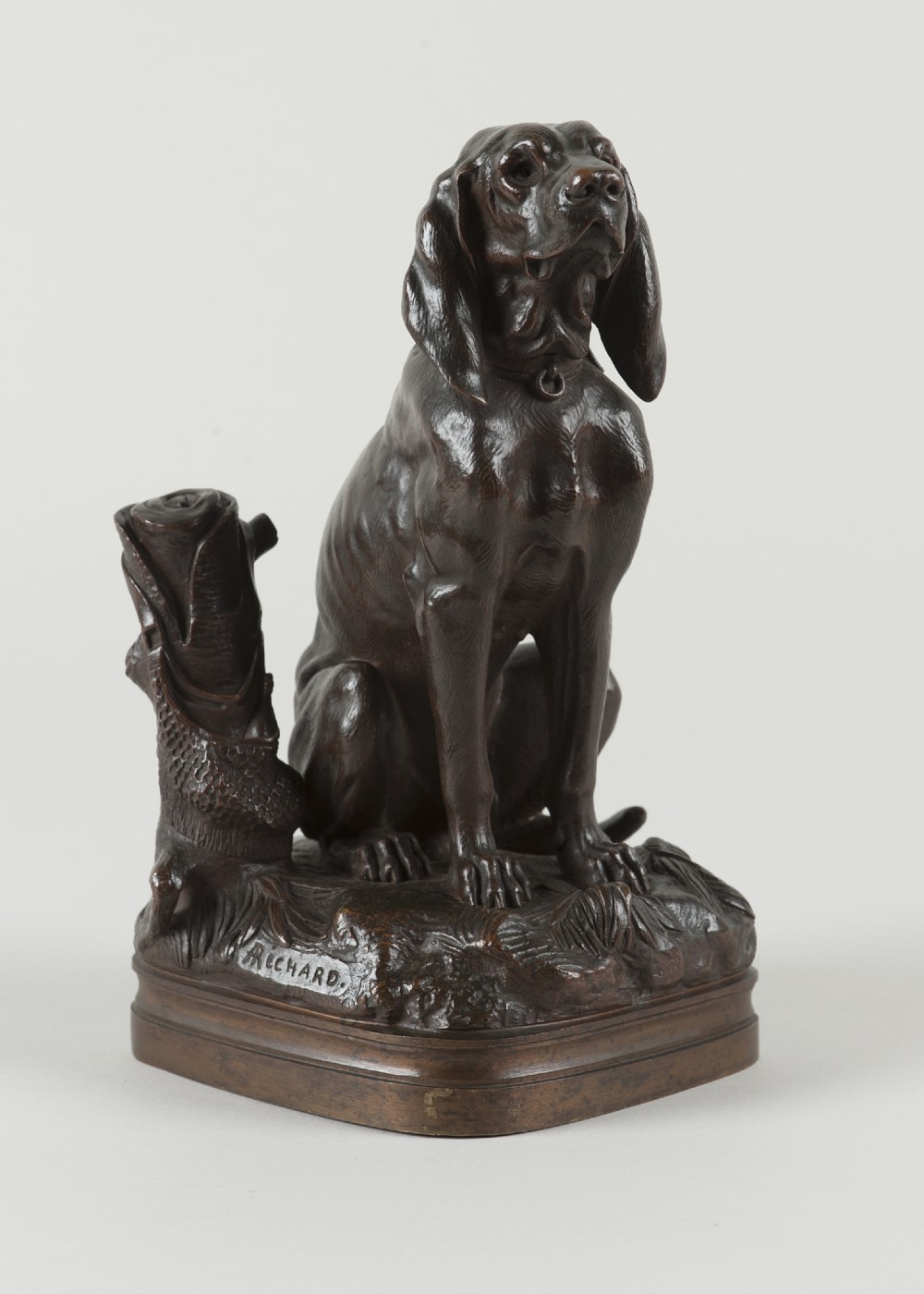 Late 19th Century French Bronze Sculpture Of A Gun Dog. Signed Richard.