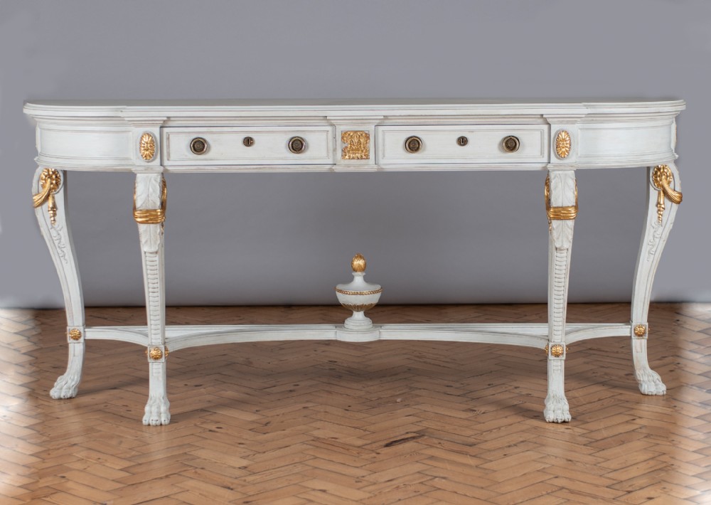 Large French Painted And Parcel Gilt Wooden Console Table.