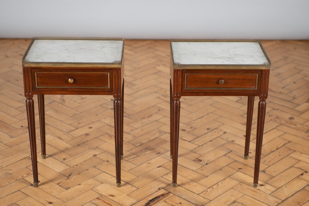 Pair Of French Mahogany Bedside Cabinets With Marble Tops.
